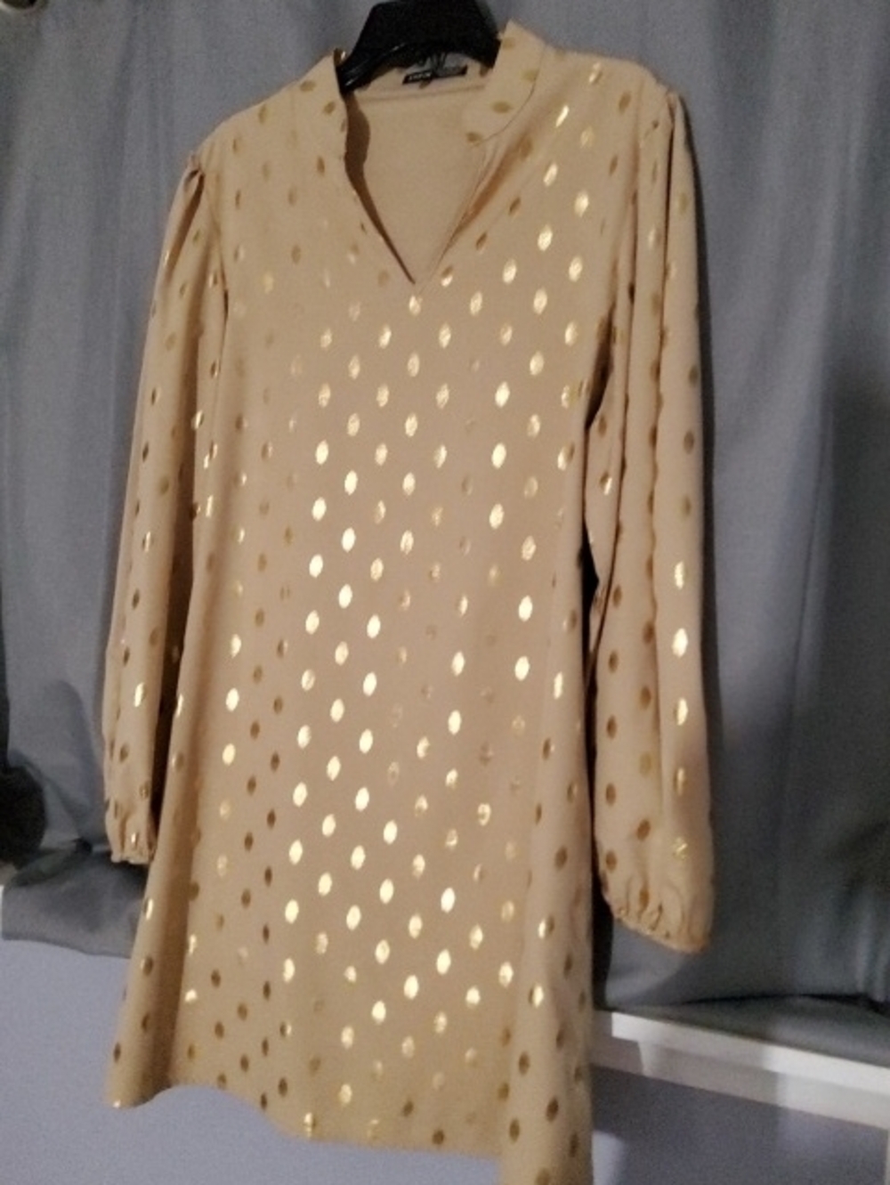 SHEIN Beige Long Sleeve Dress with Gold Dot Accents